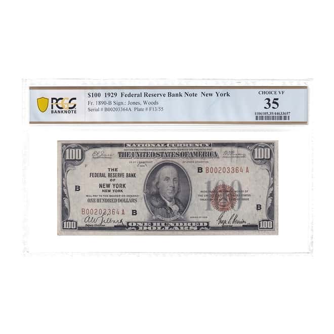 1929 $100 Federal Reserve Currency Note New York PCGS VF 35 (Minor Foreign Substance)