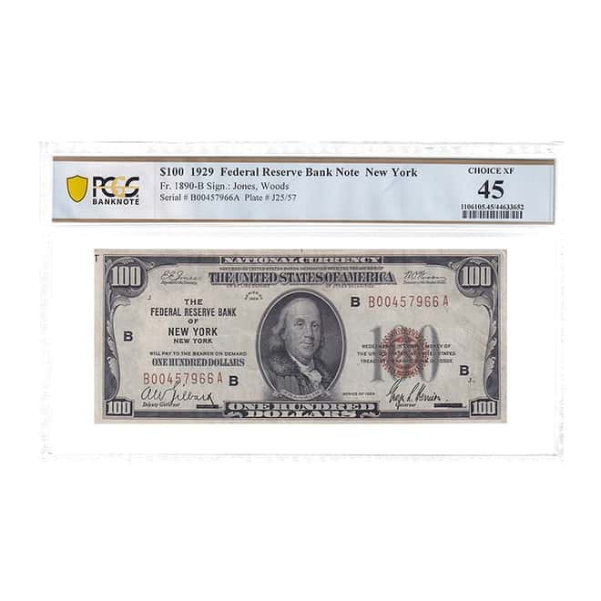 1929 $100 Federal Reserve Currency Note New York PCGS XF 45