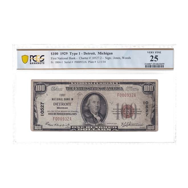 1929 $100 Type 1-Detroit Michigan Currency Note PCGS VF 25 (Partial Ink Stamp, Ink Marks)