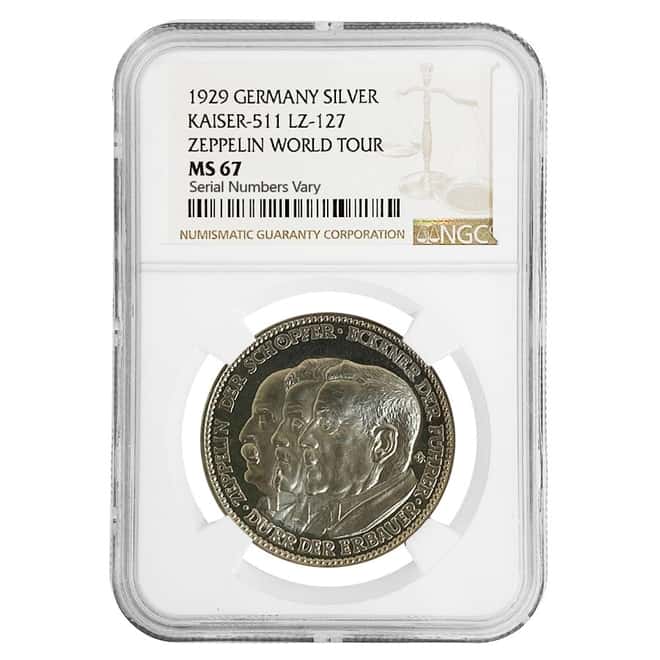 1929 Germany Weimar Republic Zeppelin World Tour Silver Medal NGC MS 67