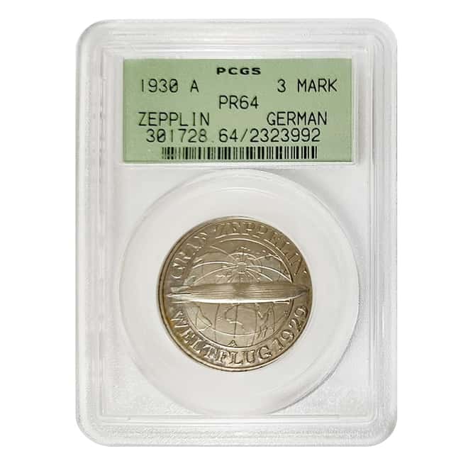 1930 A Germany Weimar Republic Graf Zeppelin 3 Mark Proof Silver Coin PCGS PF 64