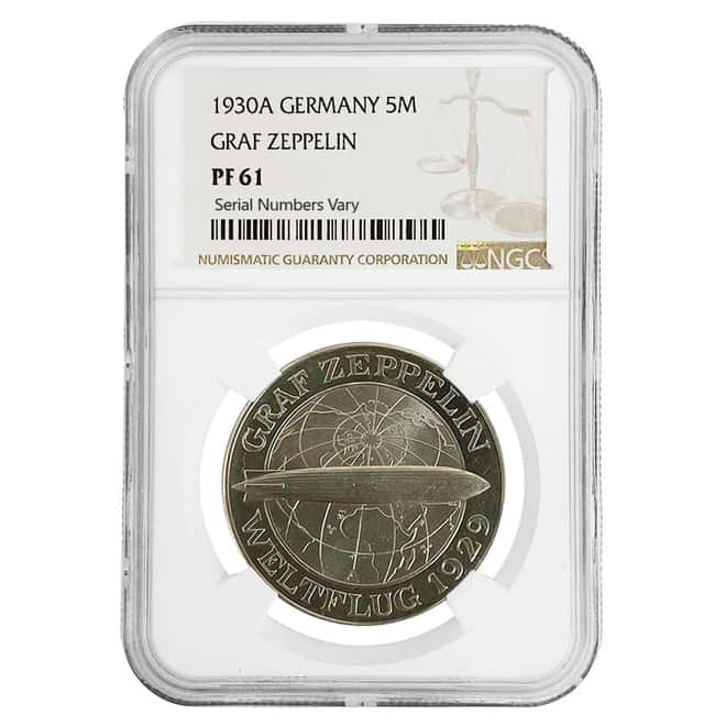 1930 A Germany Weimar Republic Graf Zeppelin 5 Mark Proof Silver Coin NGC PF 61