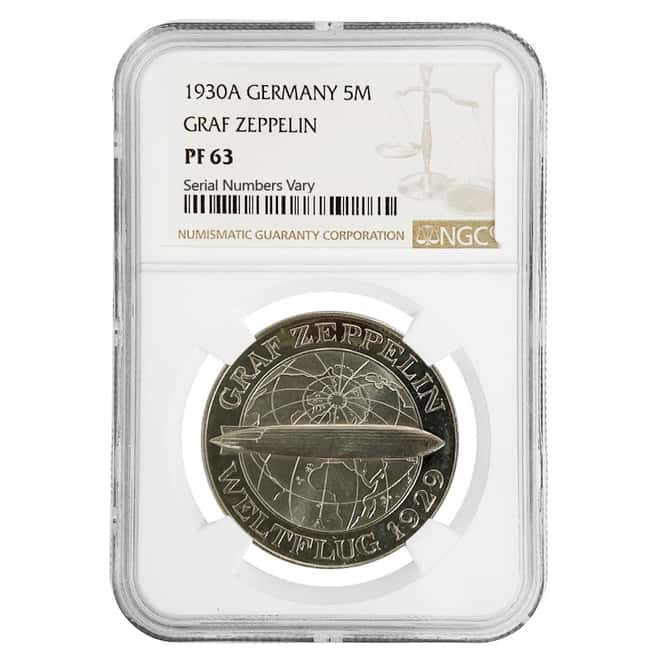 1930 A Germany Weimar Republic Graf Zeppelin 5 Mark Proof Silver Coin NGC PF 63
