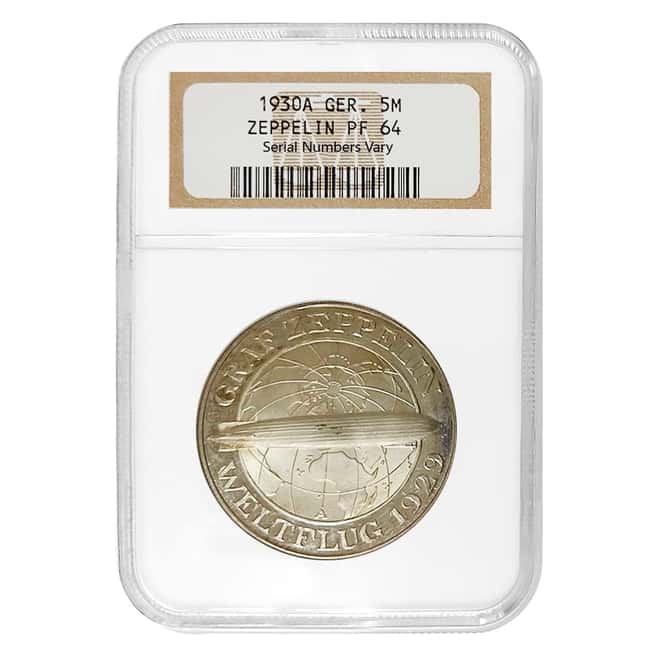 1930 A Germany Weimar Republic Graf Zeppelin 5 Mark Proof Silver Coin NGC PF 64