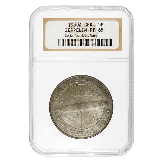 1930 A Germany Weimar Republic Graf Zeppelin 5 Mark Proof Silver Coin NGC PF 65