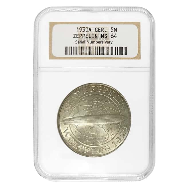 1930 A Germany Weimar Republic Graf Zeppelin 5 Mark Silver Coin NGC MS 64