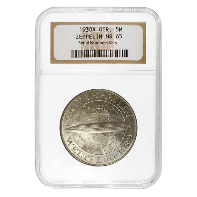 1930 A Germany Weimar Republic Graf Zeppelin 5 Mark Silver Coin NGC MS 65