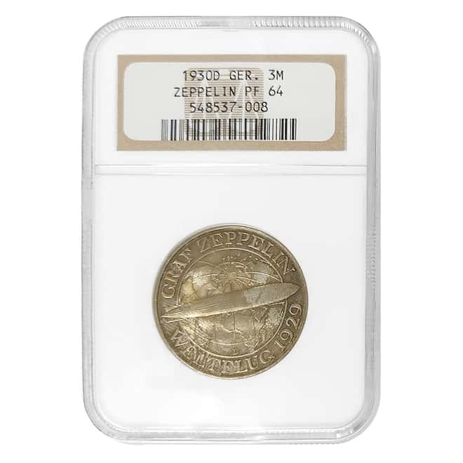 1930 D Germany Weimar Republic Graf Zeppelin 3 Mark Proof Silver Coin NGC PF 64