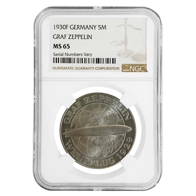 1930 F Germany Weimar Republic Graf Zeppelin 5 Mark Silver Coin NGC MS 65