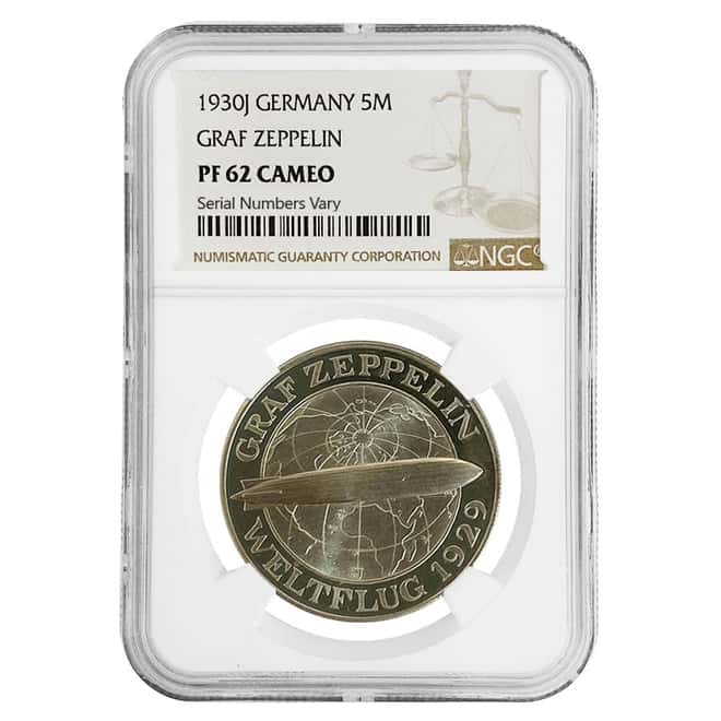 1930 J Germany Weimar Republic Graf Zeppelin 5 Mark Proof Silver Coin NGC PF 62 CAM