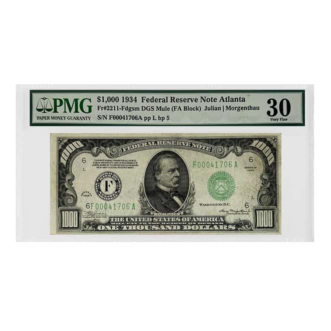 1934 $1000 Federal Reserve Currency Note Atlanta PMG VF 30