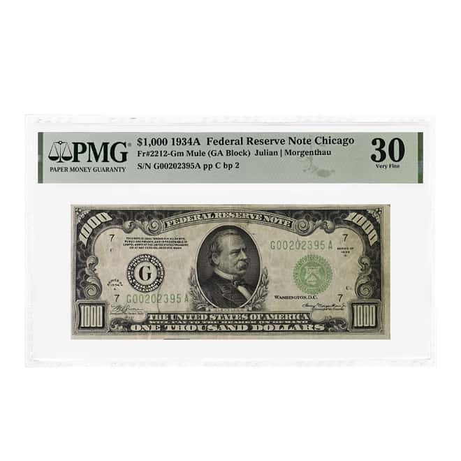 1934 $1000 Federal Reserve Currency Note Chicago PMG VF 30 (Minor Rust)