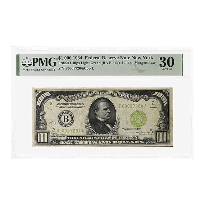 1934 $1000 Federal Reserve Currency Note New York PMG VF 30 (Pinholes, Stamp Ink)