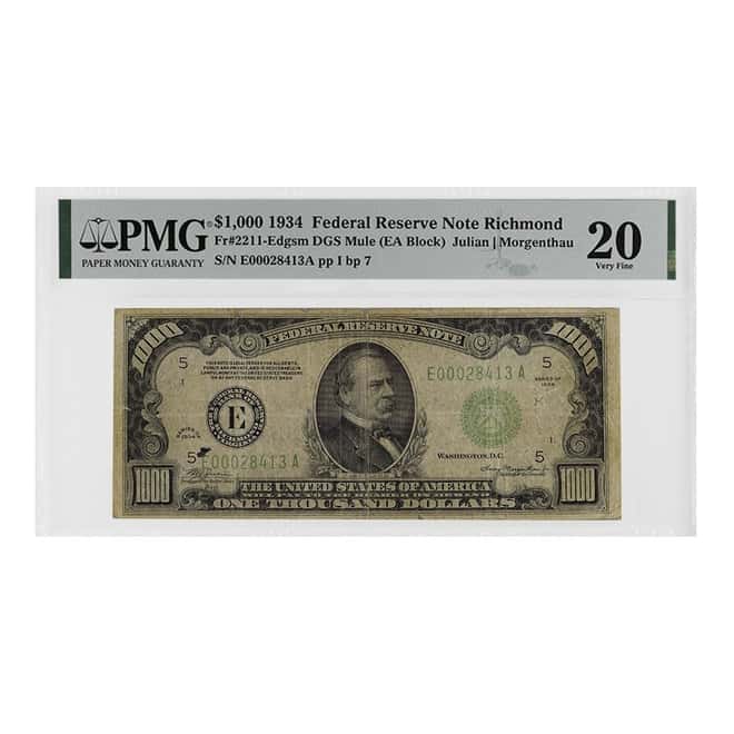 1934 $1000 Federal Reserve Currency Note Richmond PMG VF 20
