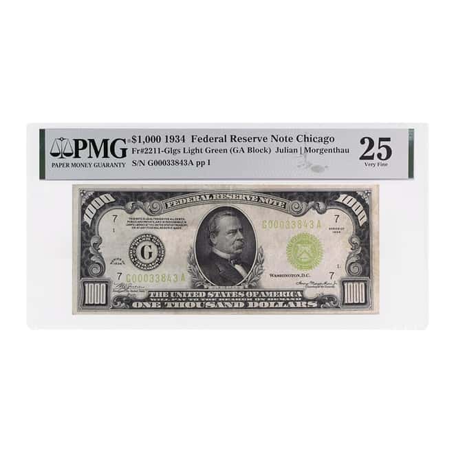 1934 $1000 Federal Reserve Note Chicago Light Green PMG VF 25