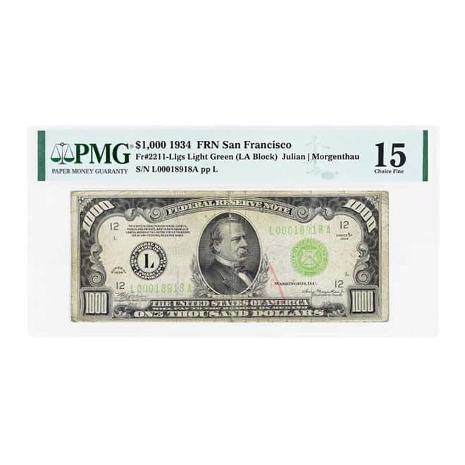 1934 $1000 Federal Reserve Note San Francisco PMG F 15 (Stamp Ink)