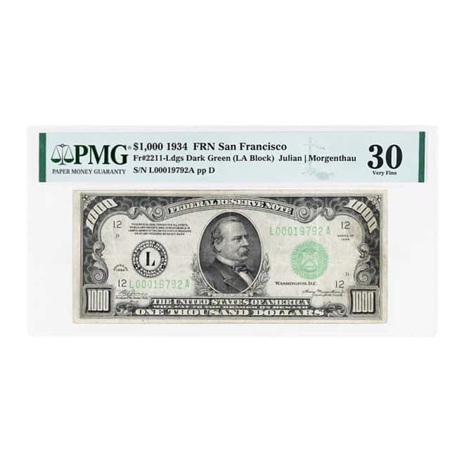 1934 $1000 Federal Reserve Note San Francisco PMG VF 30