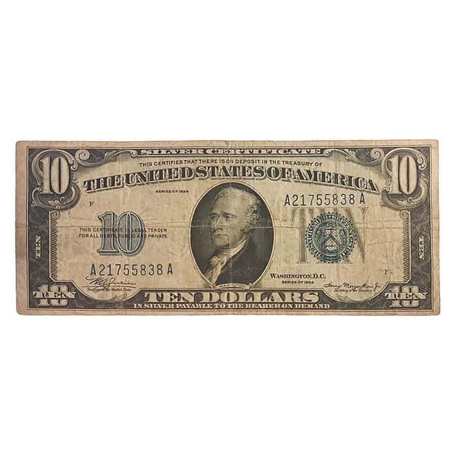 1934 $10 Silver Certificate Currency Note Blue Seal Avg Circ