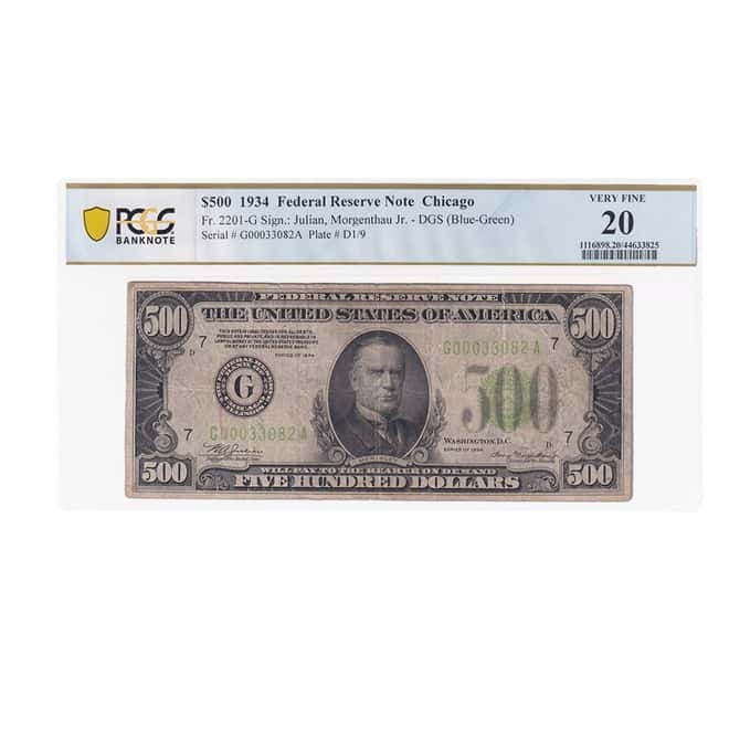 1934 $500 Federal Reserve Currency Note Chicago PCGS VF 20