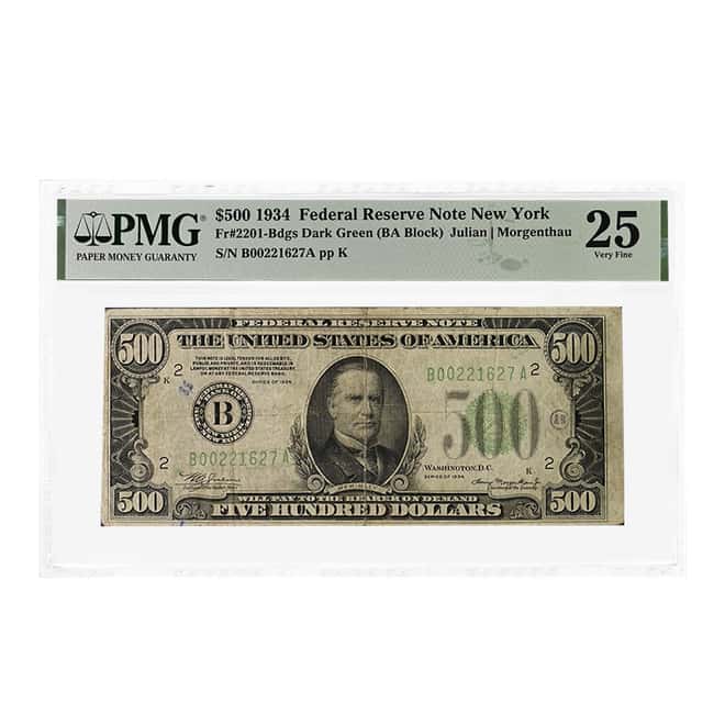 1934 $500 Federal Reserve Currency Note New York PMG VF 25 (Ink Annotations)