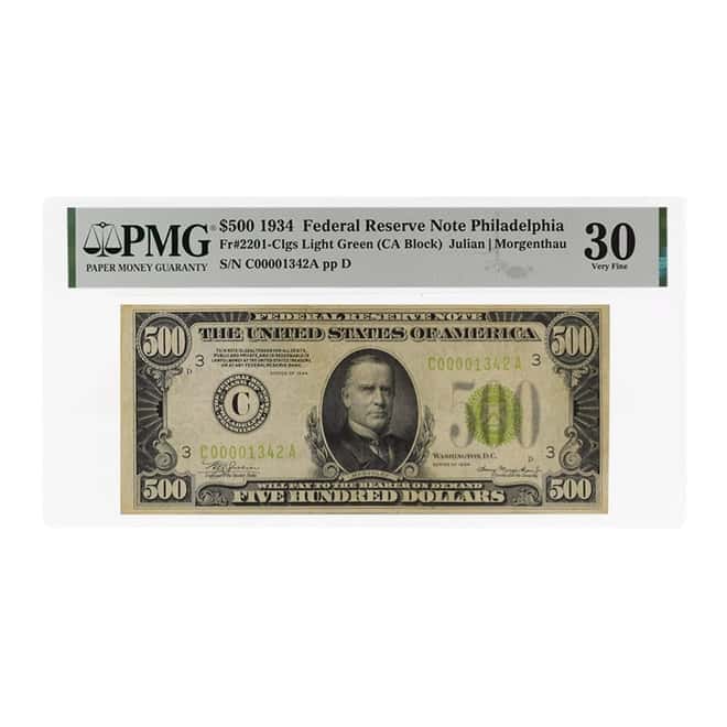 1934 $500 Federal Reserve Currency Note Philadelphia PMG VF 30 (Tear)