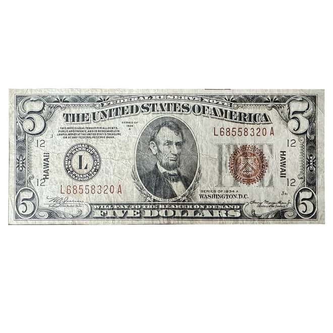 1934 $5 Federal Reserve Note Hawaii WWII Emergency Avg Circ
