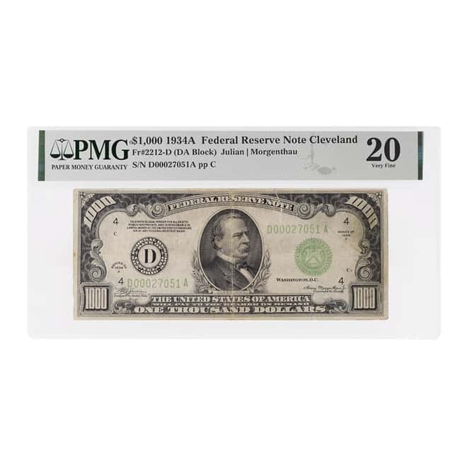 1934 A $1000 Federal Reserve Note Cleveland PMG VF 20 (Large Tear)