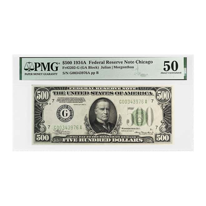 1934 A $500 Federal Reserve Currency Note Chicago PMG AU 50
