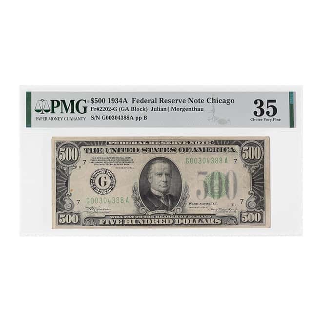 1934 A $500 Federal Reserve Currency Note Chicago PMG VF 35 (Staple Holes)