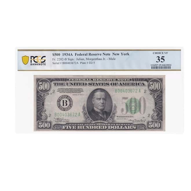 1934 A $500 Federal Reserve Currency Note New York PCGS VF 35