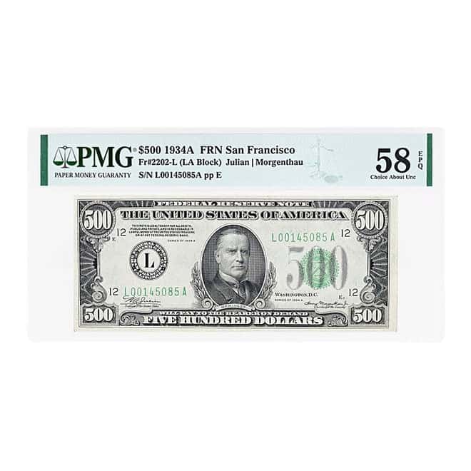 1934 A $500 Federal Reserve Currency Note San Francisco PMG AU 58 EPQ