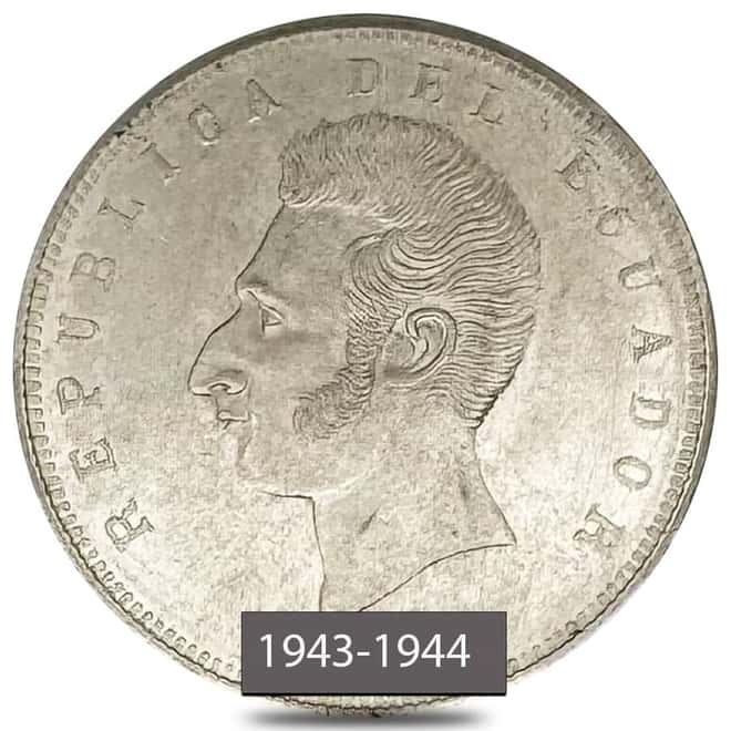 1943-1944 Ecuador 5 Sucres Struck in Mexico Silver Coin AU/BU (Random)