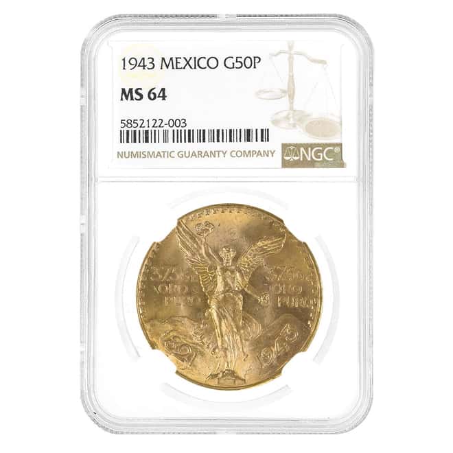 1943 Mexico 50 Pesos Gold Coin NGC MS 64