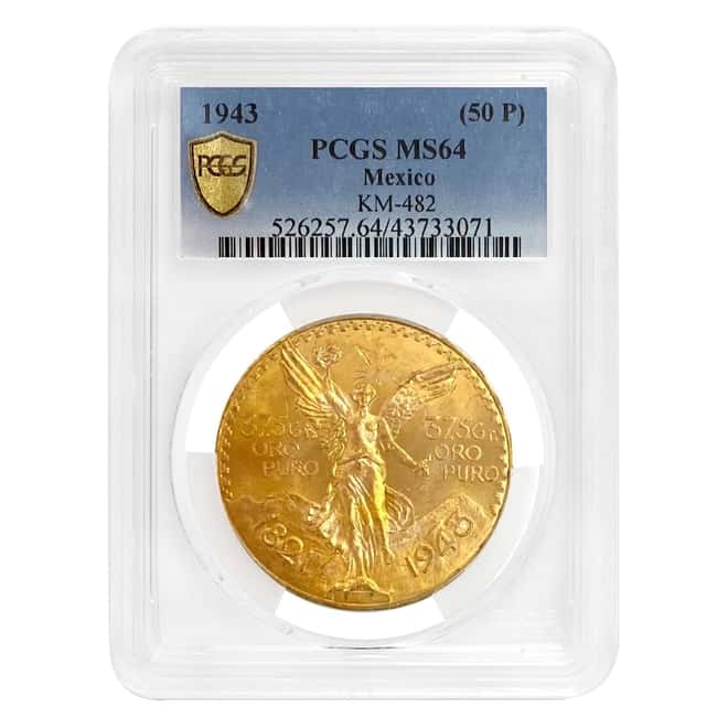 1943 Mexico 50 Pesos Gold Coin PCGS MS 64