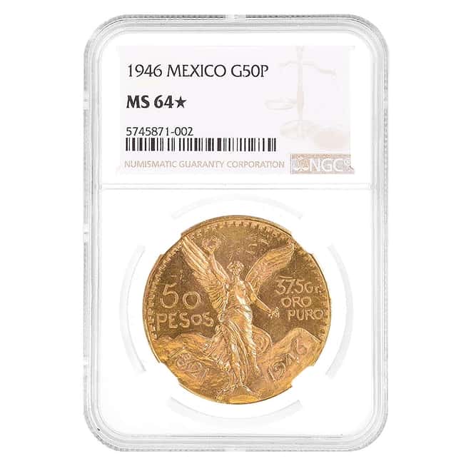 1946 Mexico 50 Pesos Gold Coin NGC MS 64*