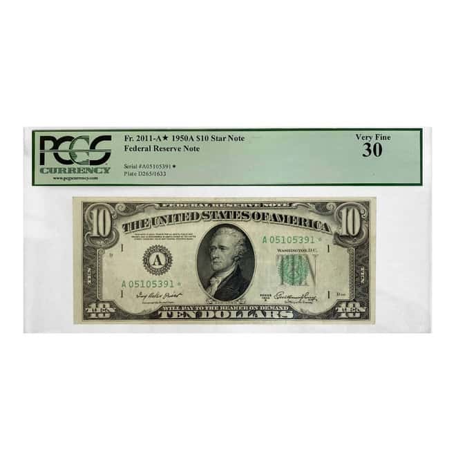 1950 A $10 Federal Reserve Currency Star Note Fr 2011-A* PCGS VF 30