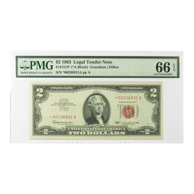 1963 $2 Legal Tender Currency Note FR 1513*(*A Block) PMG GEM UNC 66 EPQ