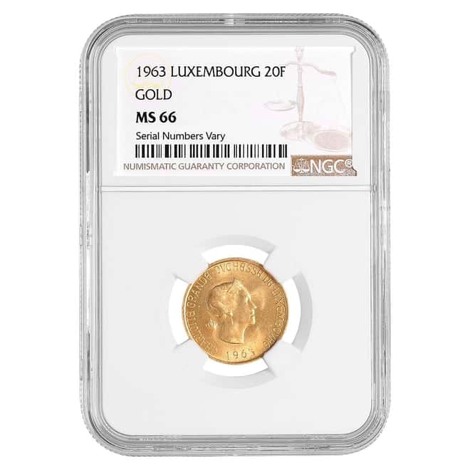 1963 Luxembourg 20 Francs Charlotte Millennium Gold Coin NGC MS 66