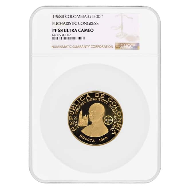 1968 B Colombia Eucharistic Congress 1500 Pesos Gold Coin NGC PF 68 UCAM