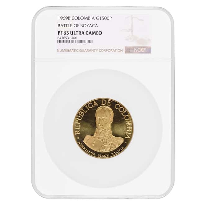 1969 B Colombia Battle of Boyaca 1500 Pesos Gold Coin NGC PF 63 UCAM