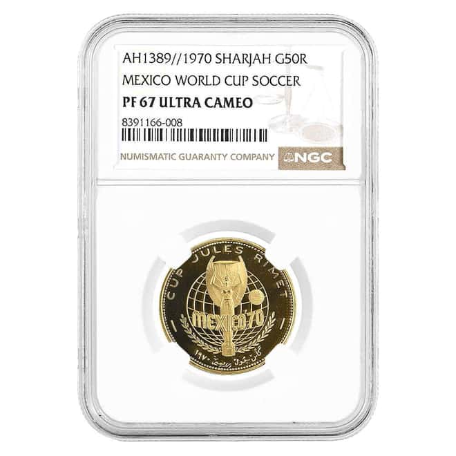 1970 Sharjah 50 Riyals Mexico World Cup Proof Gold Coin NGC PF 67 UCAM