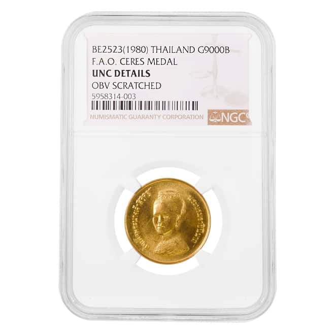 1980 (BE 2523) Thailand Gold 9000 Baht FAO Ceres NGC UNC Details