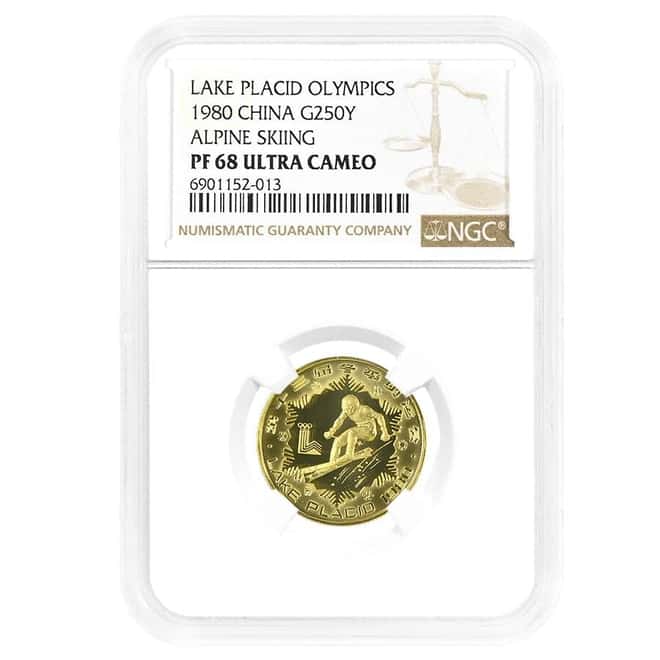 1980 Chinese Lake Placid Olympics Skiing Gold Coin NGC PF 68 UCAM