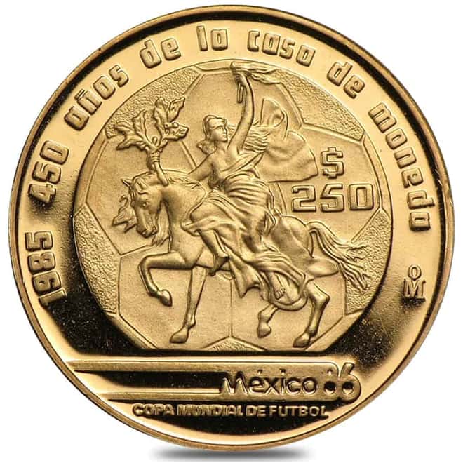 1985 Mexico 250 Pesos 1/4 oz Proof Gold World Cup/450th Anniversary Coin (w/Box & COA)
