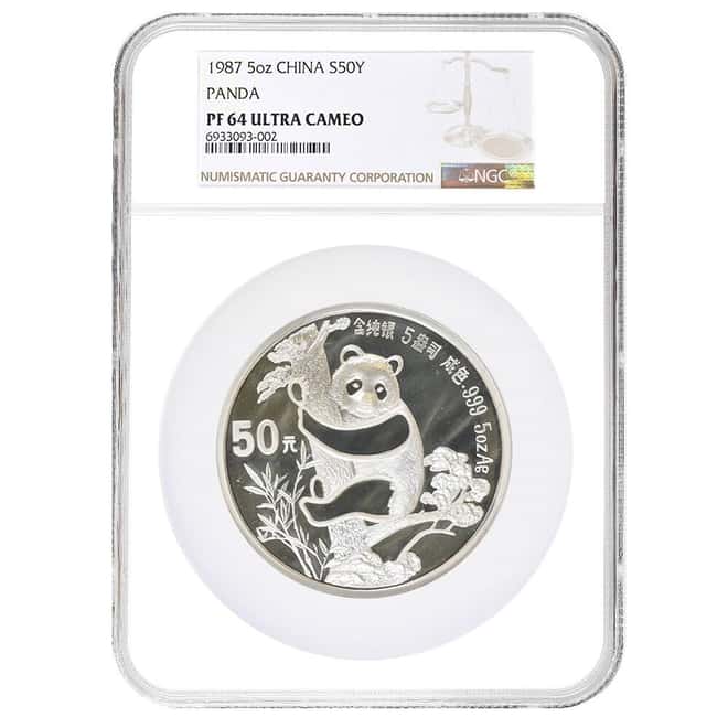 1987 5 oz Chinese Proof Silver Panda 50 Yuan NGC PF 64 UCAM