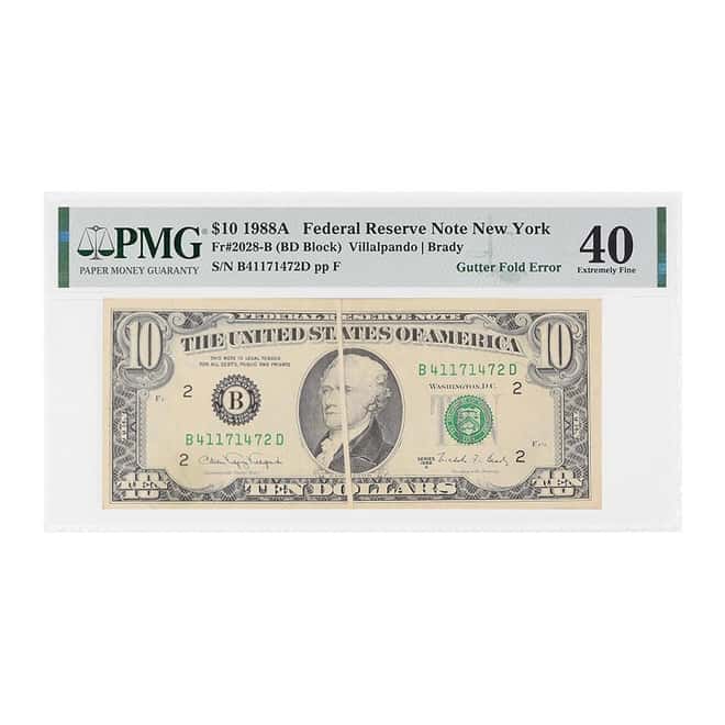 1988 A $10 Federal Reserve Currency Note New York PMG XF 40 (Gutter Fold Error)