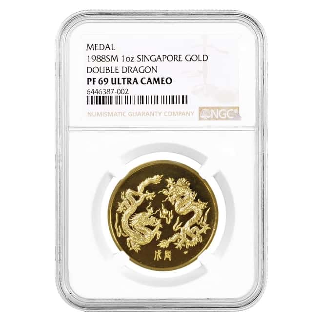 1988 Singapore 1 oz Double Dragon Proof Gold Commem NGC PF 69 UCAM