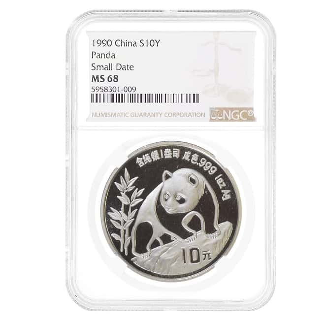 1990 1 oz Chinese Silver Panda 10 Yuan Small Date NGC MS 68