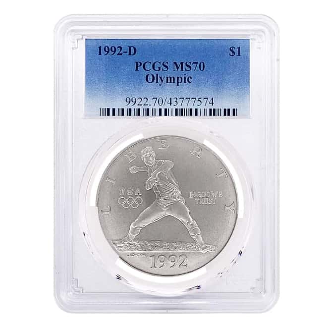 front 1992 D Olympics $1 Silver Dollar Commemorative PCGS MS 70 min