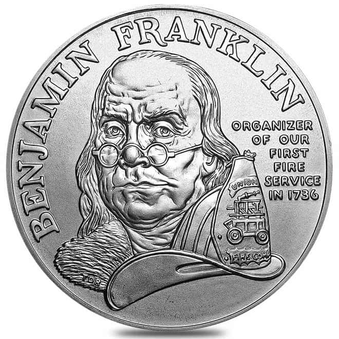 1992-P 1 oz Ben Franklin Firefighters Silver Medal Commem BU